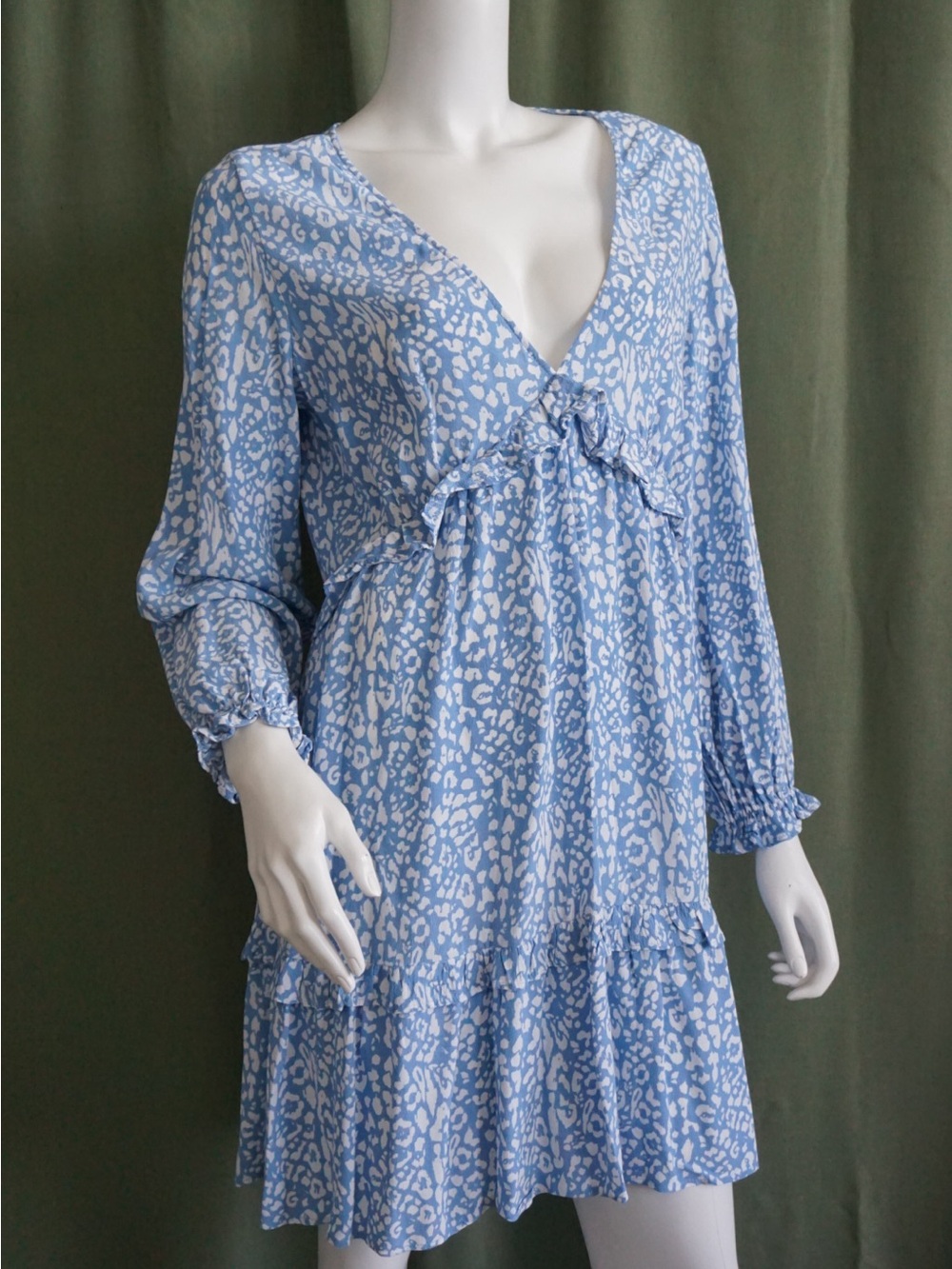 Zara Blue & White Mini Ruffle Open Back Plunge Dress - Size Large